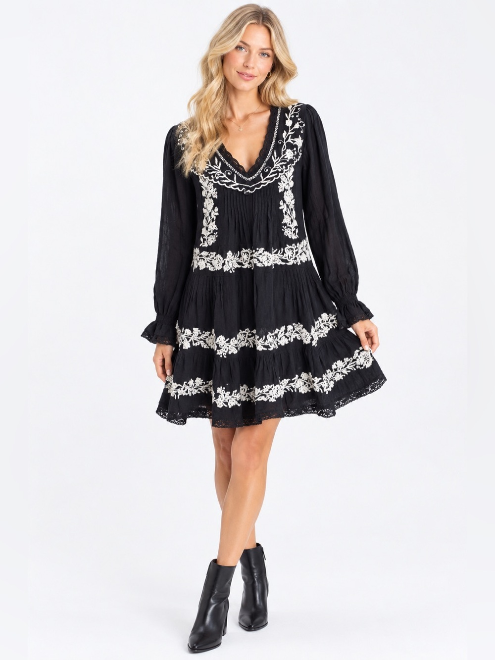 Anthropologie Black Long-Sleeve Embroidered Boho Tiered Dress Size XS